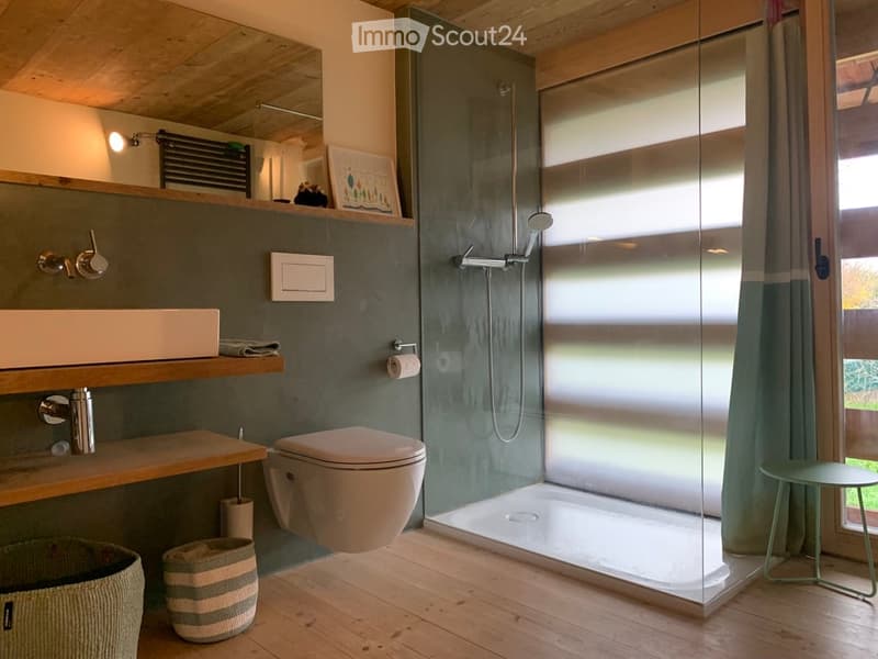 Modern bathroom with dark green walls, wooden shelves, a white sink, toilet, glass-enclosed shower, and a small green stool near the window.
