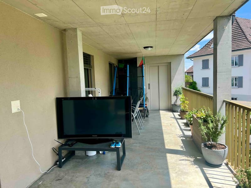 Balcony with a television on a small table, remote control, potted plants, and chairs.