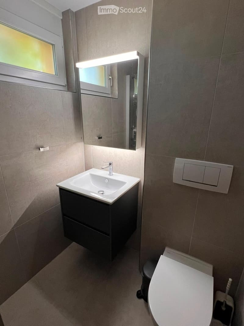 Modern bathroom with a white sink, dark cabinet, mirror with built-in lighting, and a toilet. Light-colored tiles and a window provide natural light.