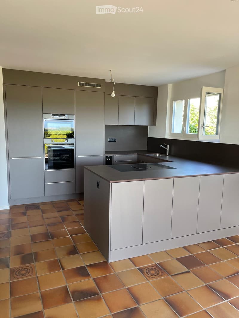 Modern kitchen with grey cabinets, stainless steel oven, central island, and terracotta tiled floor.
