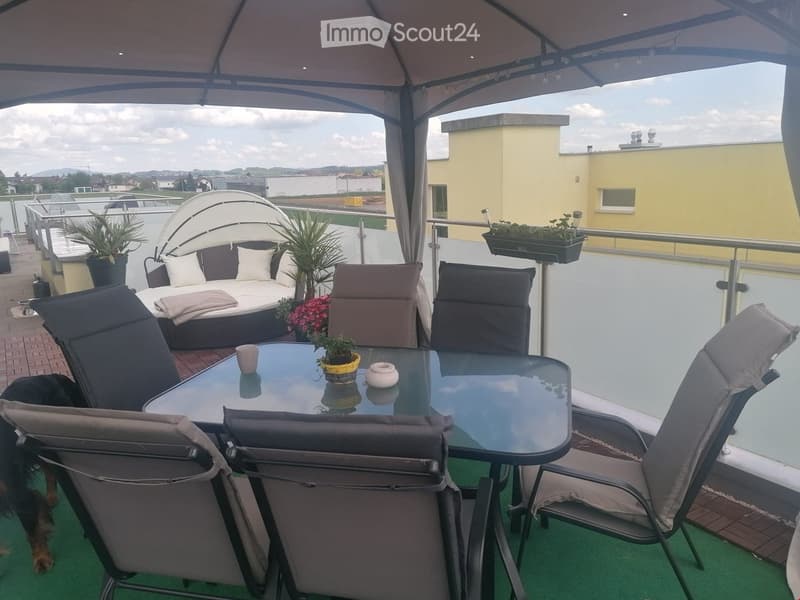 A modern rooftop terrace with a glass table, chairs, a sofa, and potted plants, featuring a view of the surrounding area.
