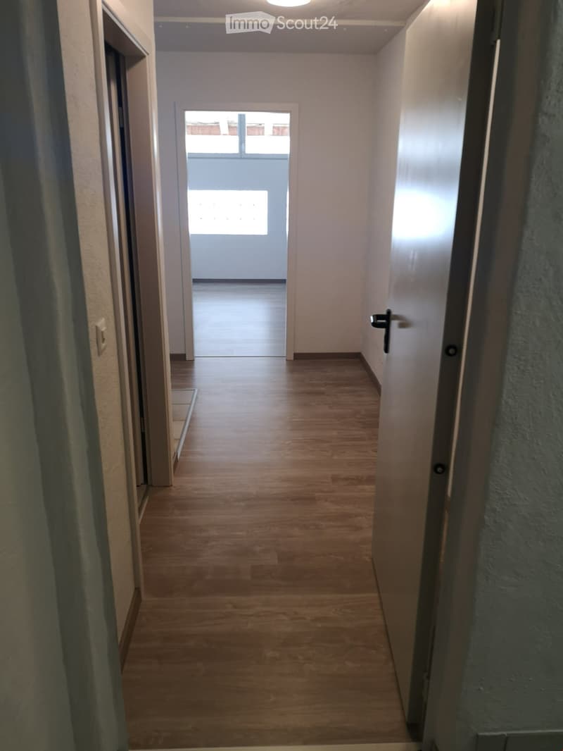 Empty hallway with wooden flooring, white walls, and a door at the end leading to another room.