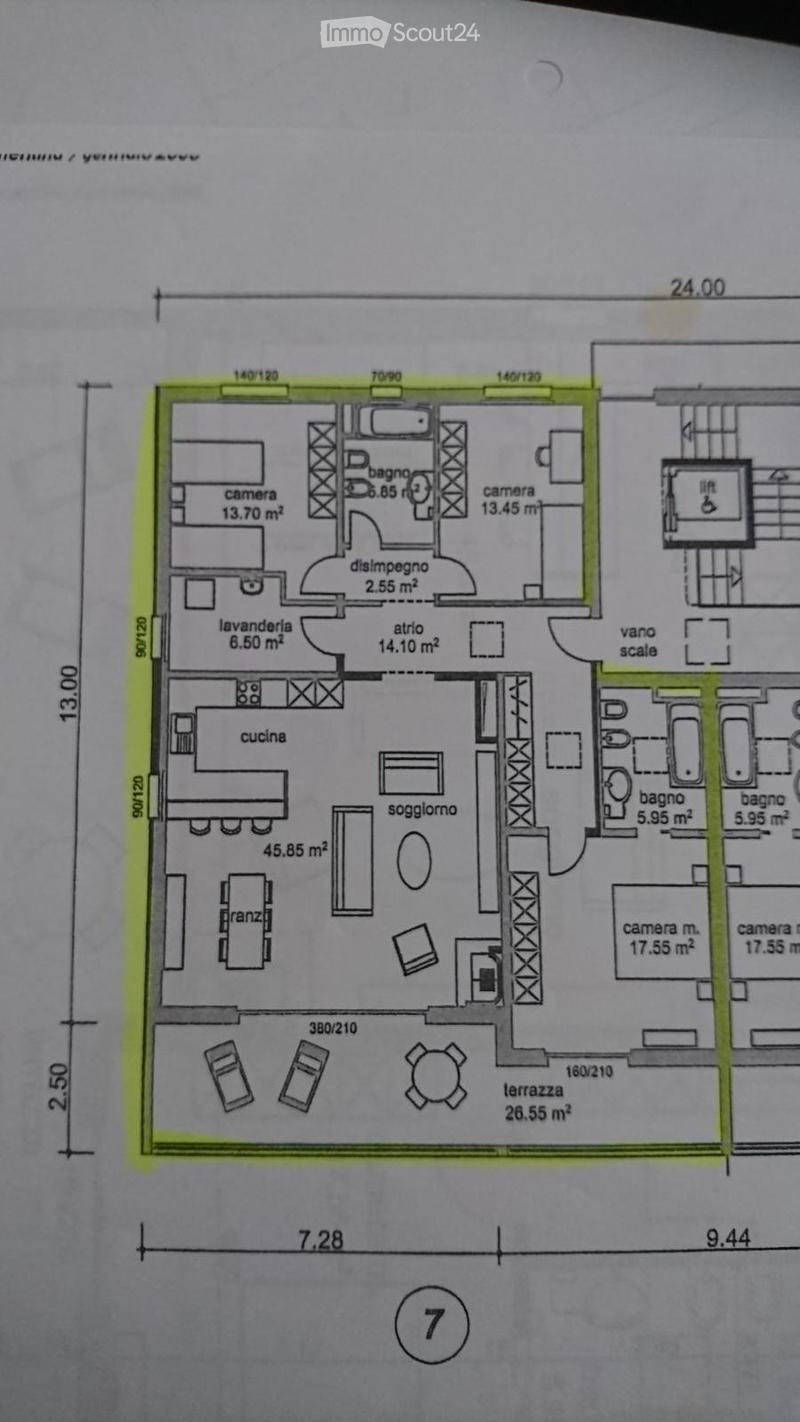 Floor plan showing a layout with living room, kitchen, bedrooms, bathrooms, hallway, and terrace.