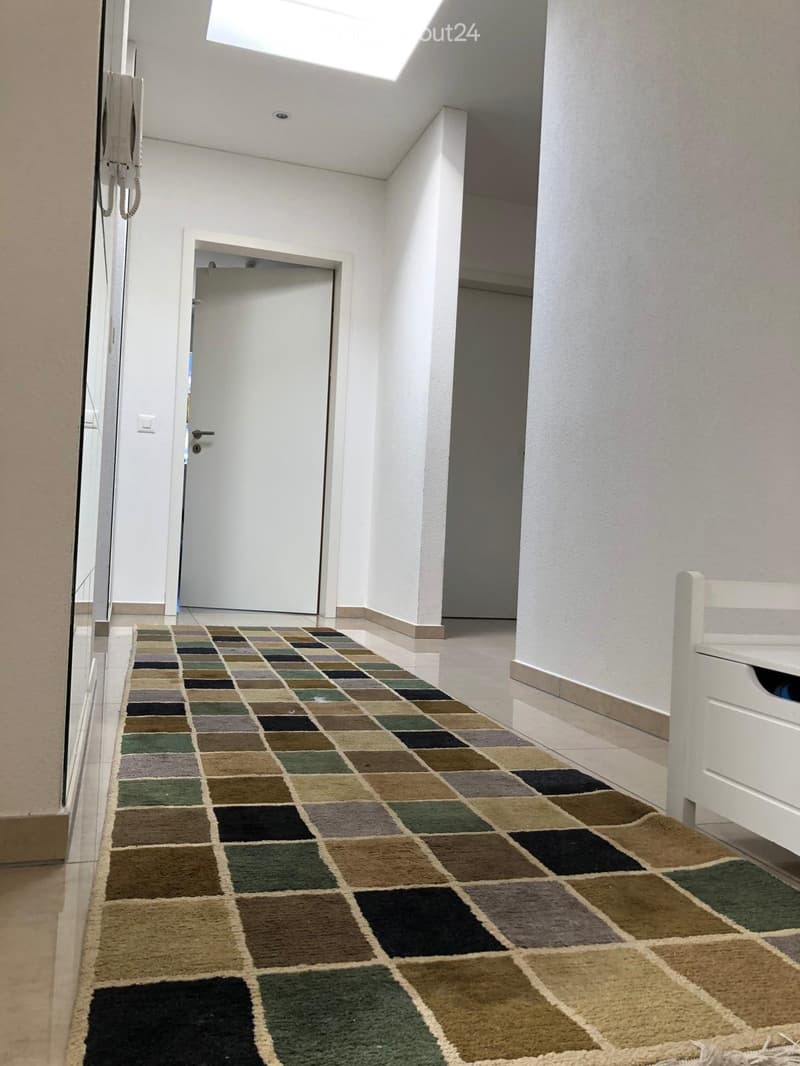 A narrow hallway with a patterned carpet, white walls, and a closed door at the end. The ceiling has a skylight and recessed lighting.