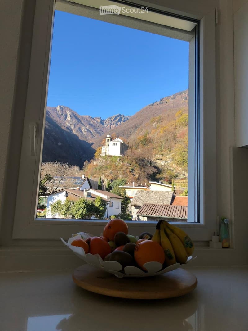 A room with a large window showcasing a scenic mountain view, a fruit bowl on the windowsill, and a small decorative vase on the windowsill.