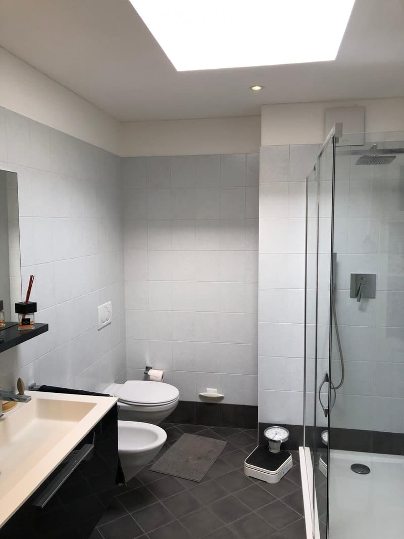 Modern bathroom with grey tiled walls, black tiled floor, a sink, toilet, shower, and a scale. Features a large window at the top providing natural light.
