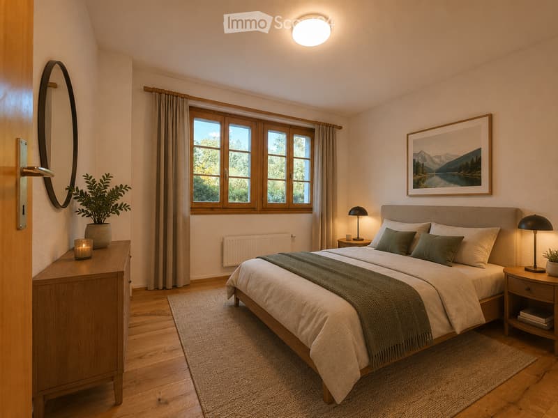 Cozy bedroom with a large bed, nightstands, lamps, a mirror, a picture frame, a plant, and a candle on a wooden dresser.