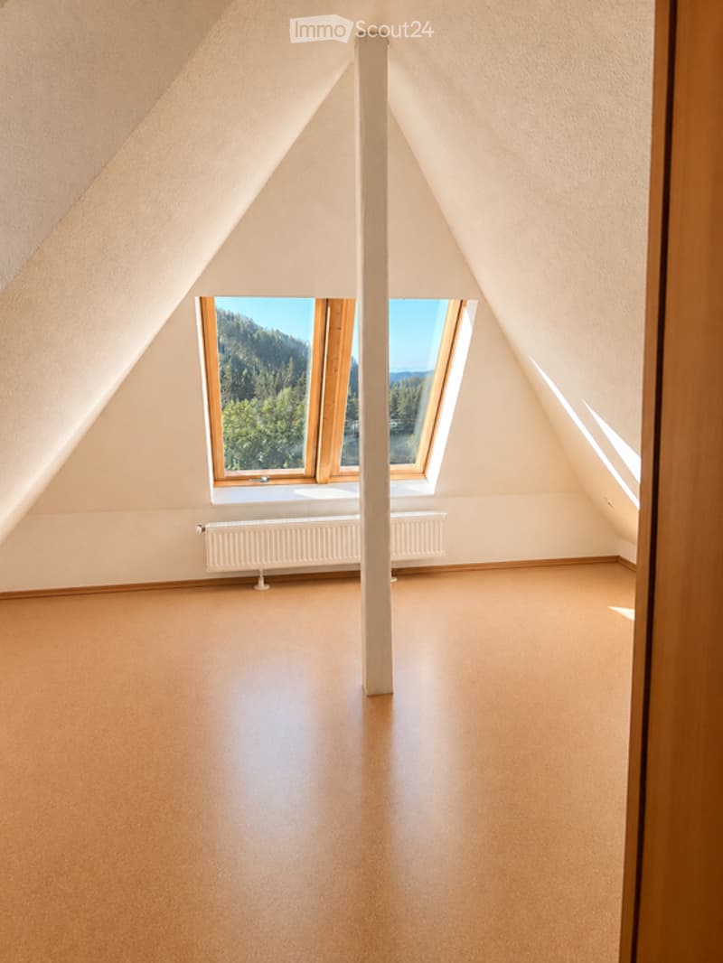 Empty attic room with wooden flooring, white walls, and large skylight windows offering a scenic view of the surrounding landscape.