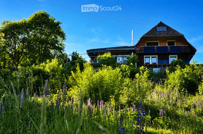 A two-story house with a pitched roof, surrounded by lush greenery and wildflowers under a clear blue sky.