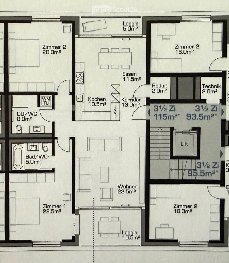Floor plan showing multiple rooms including living area, kitchen, bedrooms, bathrooms, and loggias. Features include a corridor, lift, and technical room.