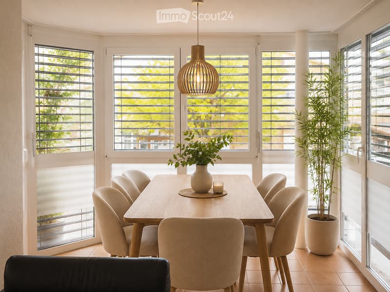 Bright dining area with a wooden table, six chairs, a vase with greenery, and a candle on the table. Large windows with blinds offer natural light and a view of greenery outside.