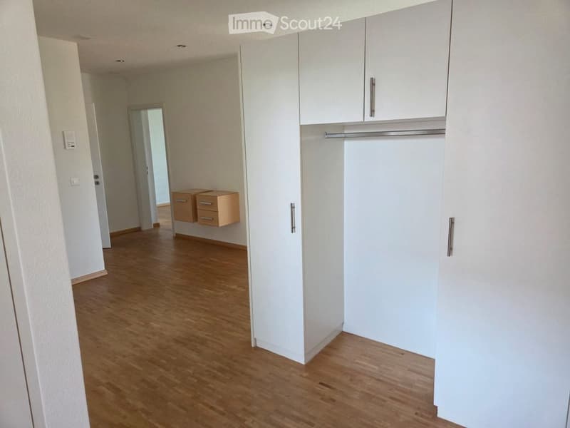 Empty hallway with wooden flooring, white walls, built-in white closet with hanging space, and small wooden drawers on the wall.