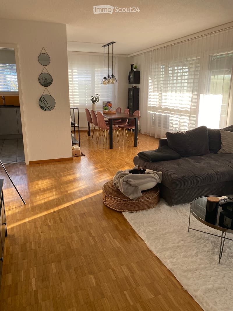 Open-plan living and dining area with wooden flooring, large windows, a dark grey sectional sofa, a round wicker dog bed, a glass coffee table, a dining table with pink chairs, and decorative mirrors on the wall.