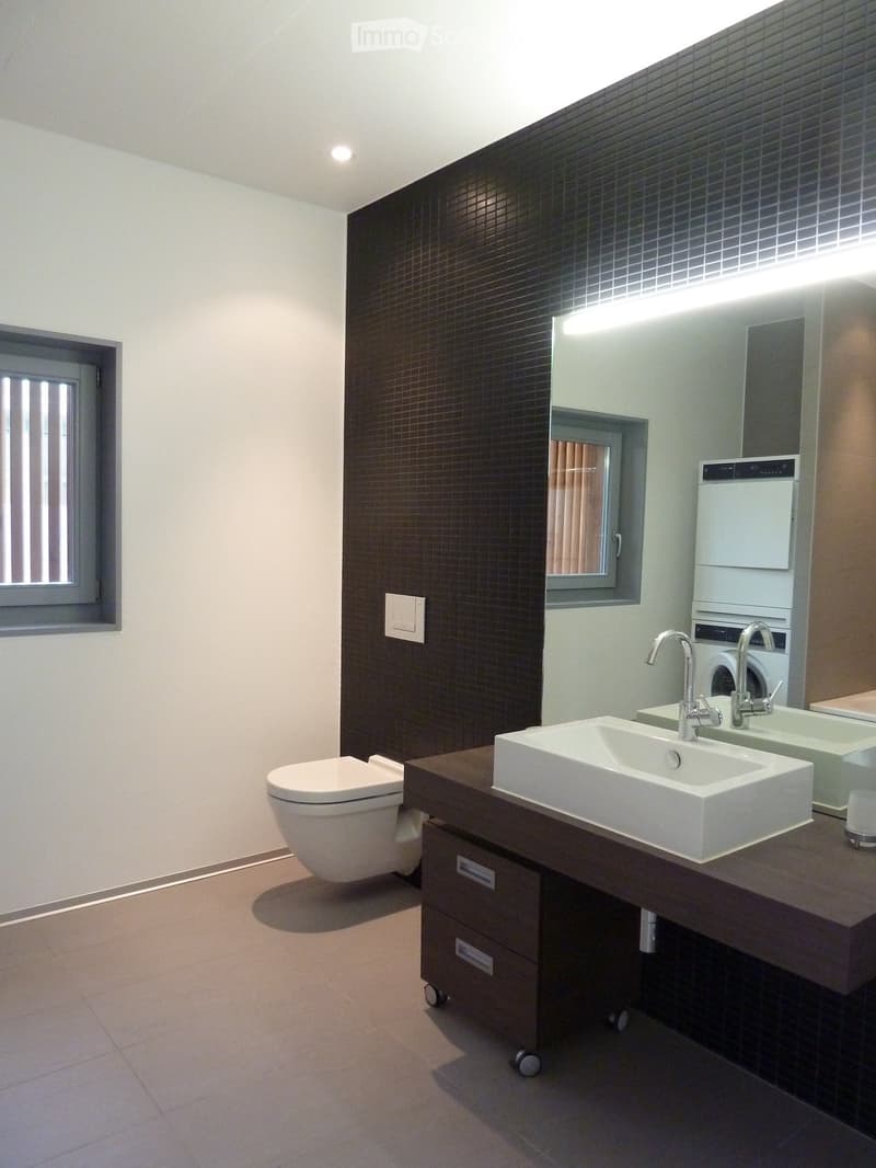 Modern bathroom with a white toilet, a large sink with a modern faucet, a large mirror, and a built-in washing machine. The walls are tiled in dark brown and light grey, with a window providing natural light.