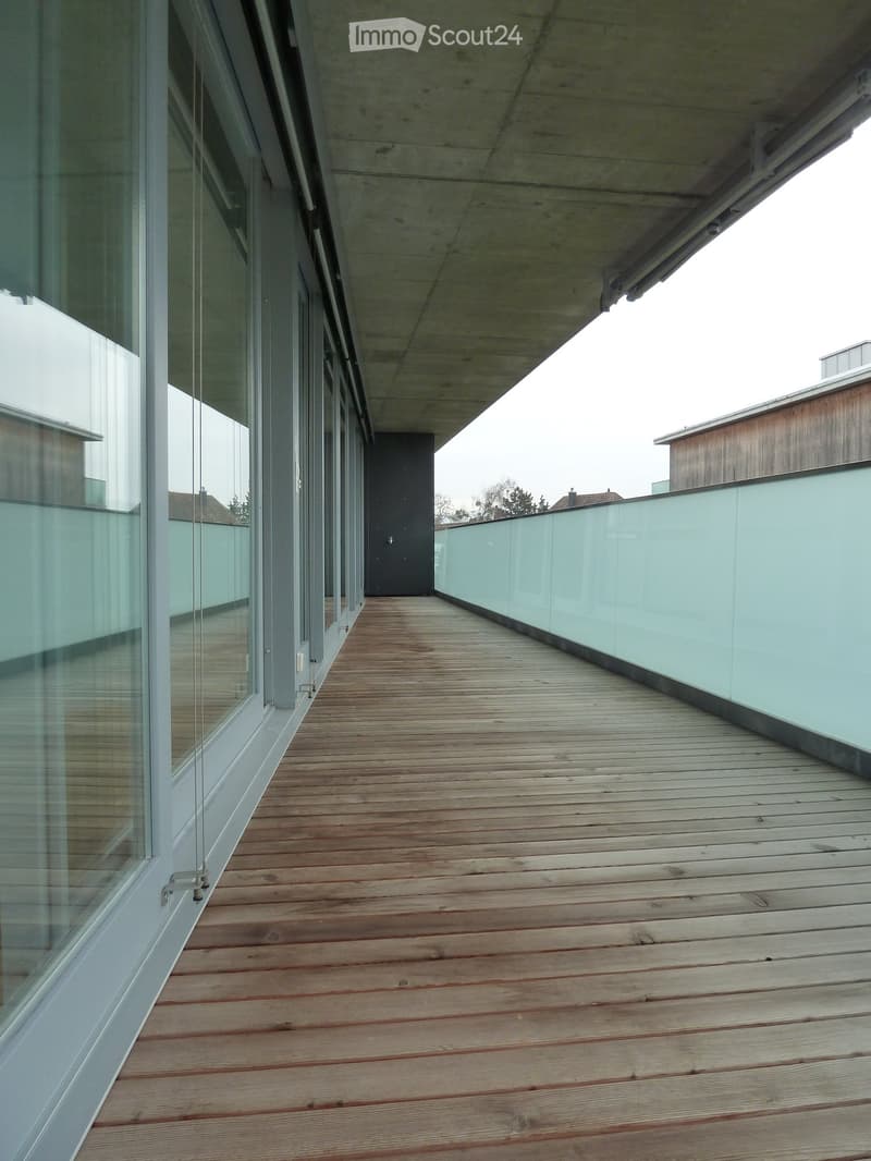 Modern wooden deck with glass railings, leading to a building entrance.
