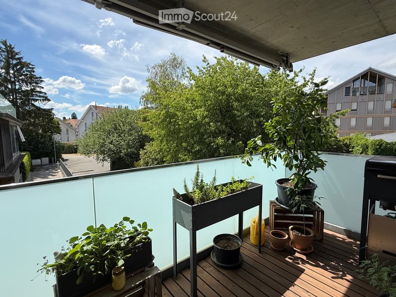A modern wooden balcony with glass railing, featuring several potted plants and a small table with jars.