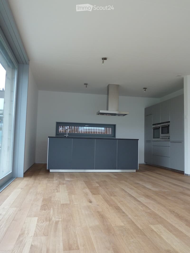 Modern, unfurnished kitchen with light grey cabinets, a central island, and a range hood. The floor is light wooden, and the walls are white. There is a large window with a black frame on the left side.
