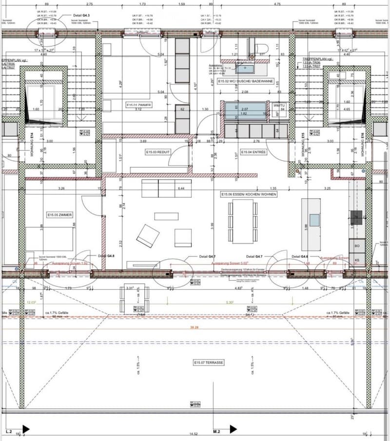 Floor plan showing multiple rooms including living room, kitchen, bedrooms, bathrooms, and a terrace. Dimensions and labels are provided for each room and structural element.