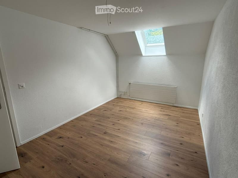 Empty attic room with wooden flooring, white walls, and a skylight window.