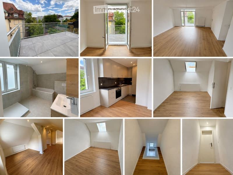 A modern, unfurnished house with multiple rooms including a balcony, living area, kitchen, bathroom, and attic space. The house features wooden flooring, large windows, and a contemporary design.