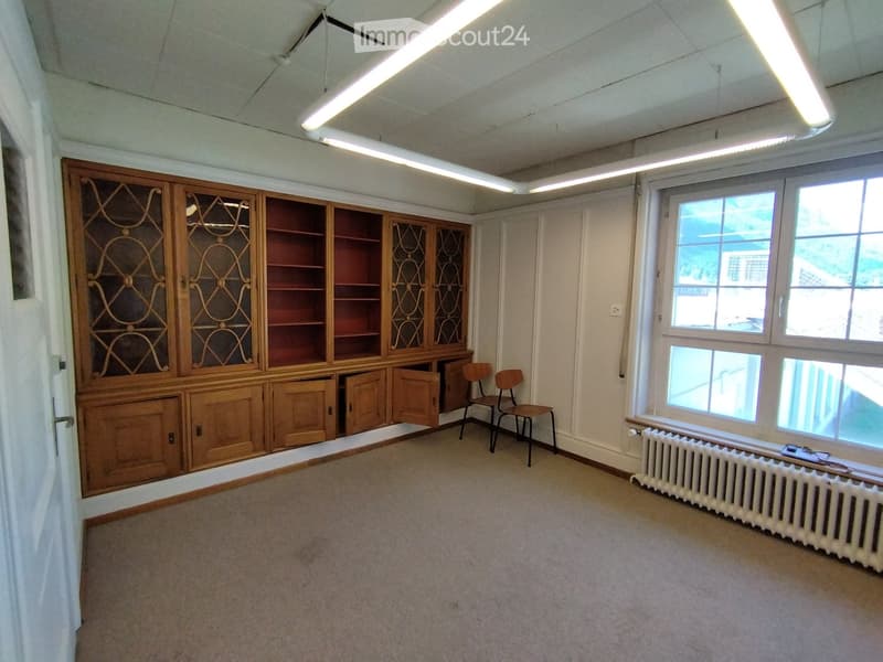Room with carpeted floor, large wooden cabinet with glass doors, two chairs, radiator under window, and large windows with view.