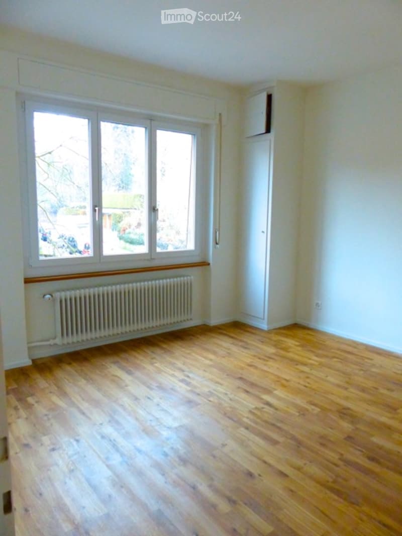 Empty room with wooden flooring, large window with multiple panes, radiator below the window, and a white cabinet in the corner.