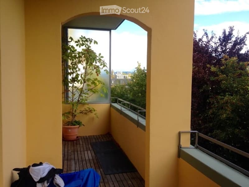 Balcony with wooden decking, potted plant, and metal railing, overlooking a cityscape with trees.