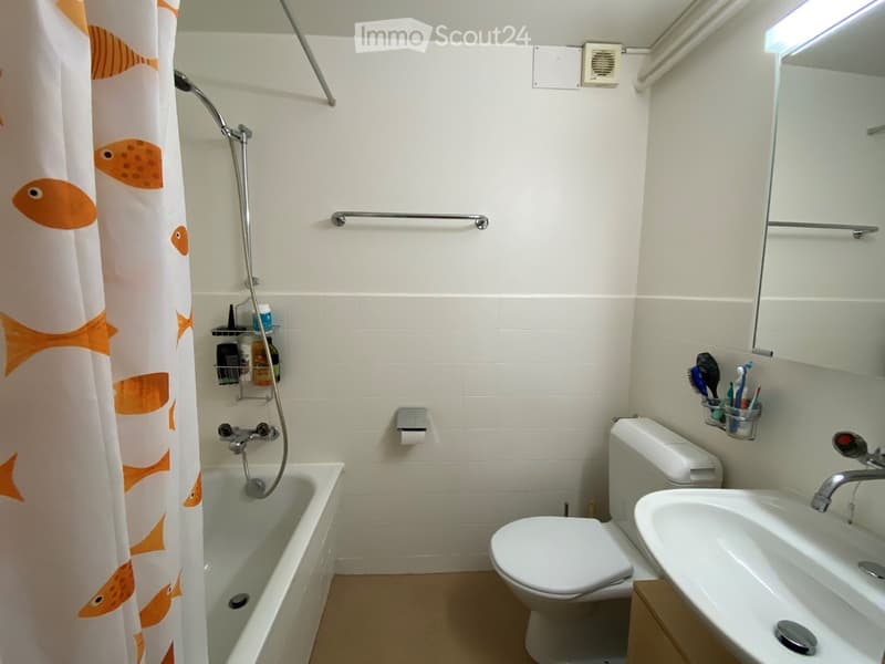 Bathroom with a bathtub, toilet, sink, shower curtain with fish design, toothbrush holder, and a shower rack with toiletries.