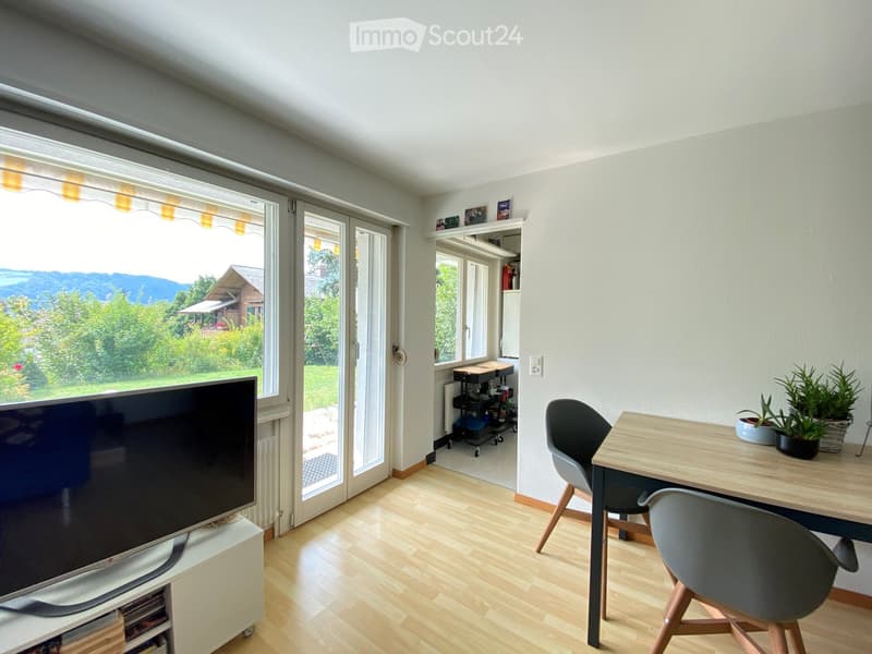 Bright living room with large windows and a view of the landscape, featuring a television, a dining table with chairs, and potted plants on the table.