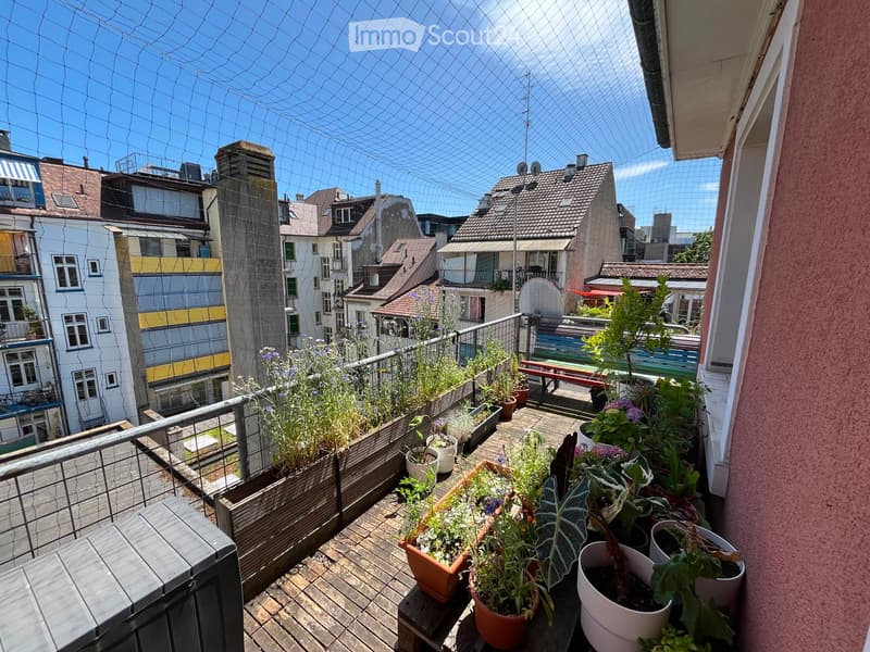Balcony with wooden decking, metal railing, and multiple potted plants arranged on tables and shelves. The background shows a cityscape with residential buildings and a clear blue sky.