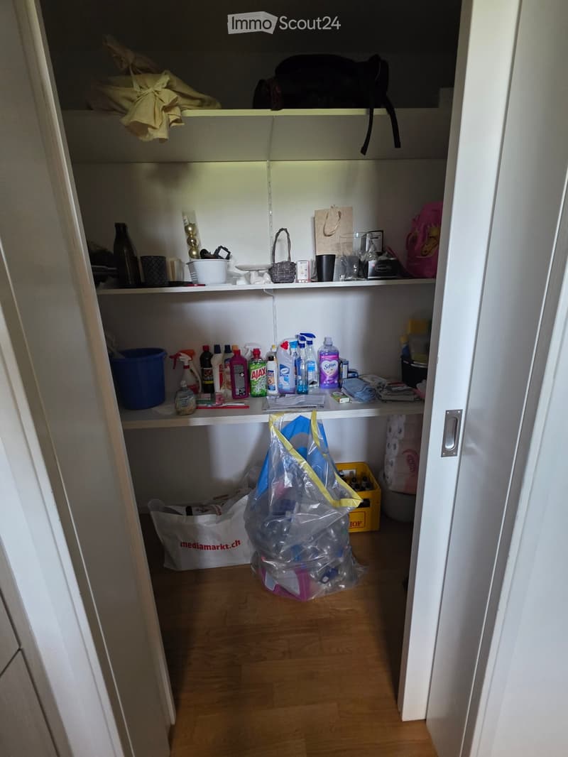 Open closet with multiple shelves containing cleaning supplies, bags, and miscellaneous items. Wooden floor and white walls.