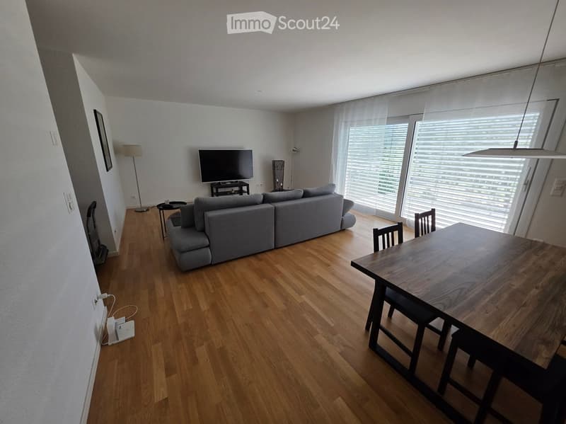 A modern living room with a grey sectional sofa, a wooden dining table with chairs, a television on a stand, and a floor lamp. The room features large windows with blinds and a wooden floor.