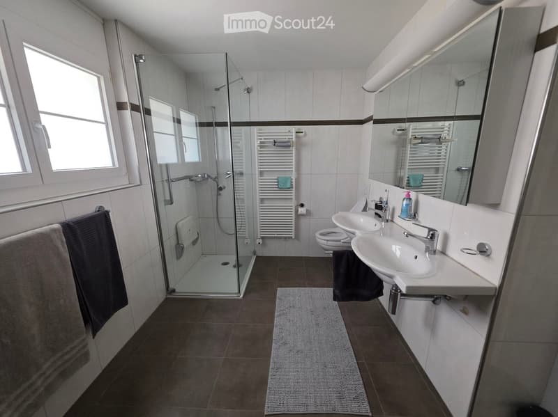 Modern bathroom with a glass-enclosed shower, double sink, toilet, towel rack, and a large mirror above the sink.