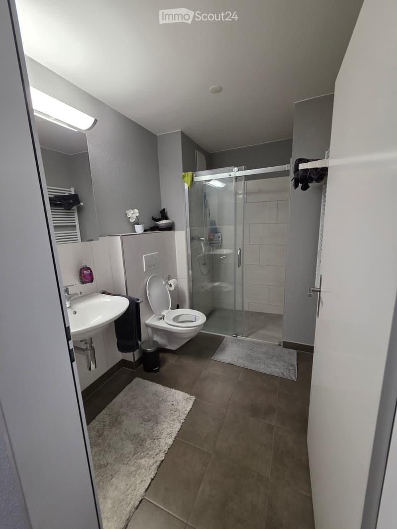Modern bathroom with a sink, toilet, glass-enclosed shower, and a small white flower on the cabinet. Includes a towel, hand soap, and a trash bin.