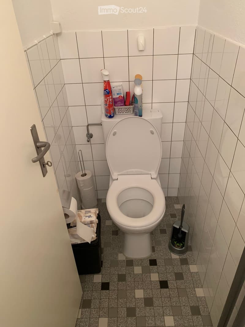 Small bathroom with white tiled walls and a speckled tile floor. Features a toilet with the lid up, toilet paper rolls, a toilet brush holder, cleaning supplies on the tank, and a small trash bin.