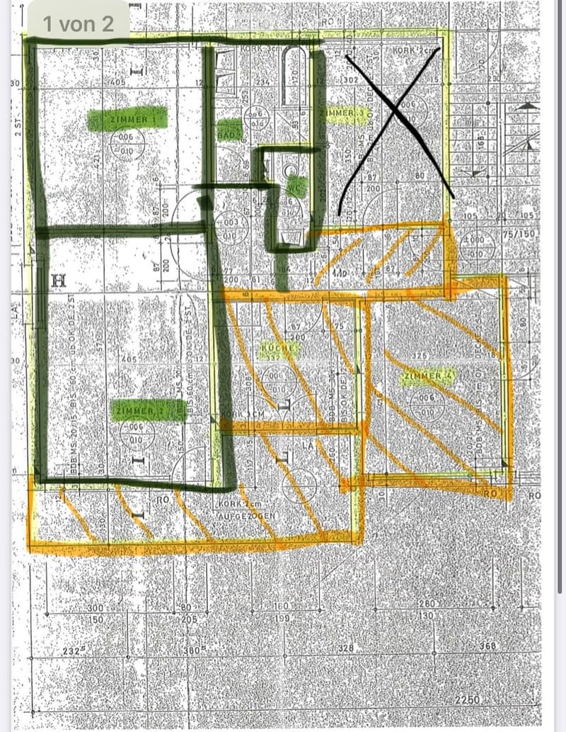 Floor plan showing multiple rooms including Zimmer 1, Zimmer 2, Zimmer 3, and a kitchen area. Dimensions and measurements are indicated throughout the layout.