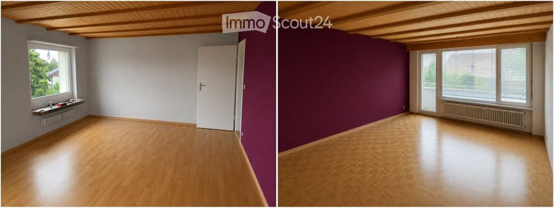 Two unfurnished rooms with wooden floors, white and purple walls, large windows, and doors. No furniture or equipment present.