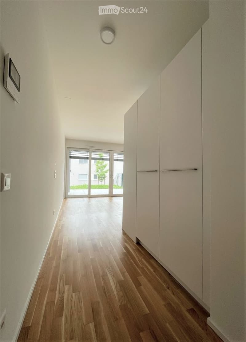 Bright hallway with wooden flooring, white walls, built-in closet, and large glass door leading to outdoor area.
