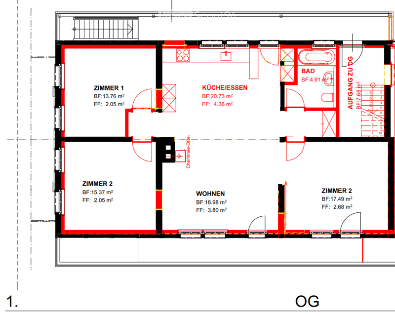 Floor plan of a residential space with labeled rooms including Zimmer 1, Zimmer 2, Wohnen, Küche/Essen, and Bad. Dimensions and floor areas are indicated.