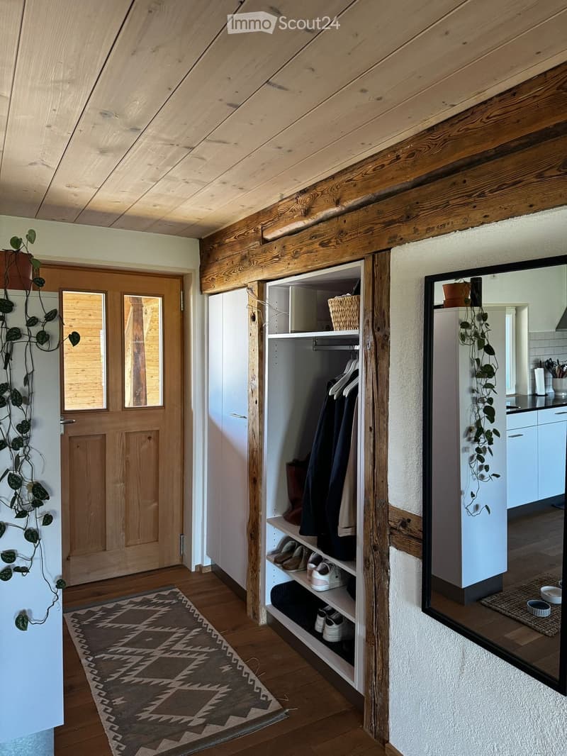 Cozy hallway with wooden beams, built-in shoe rack, and a patterned rug. Features a wooden door with glass panels and a hanging plant on the wall.