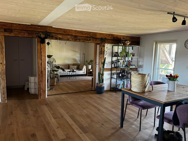 Open-plan living and dining area with wooden flooring, exposed wooden beams, a dining table with chairs, a sofa in the background, a fan, shelves with books and plants, and a large mirror reflecting part of the room.