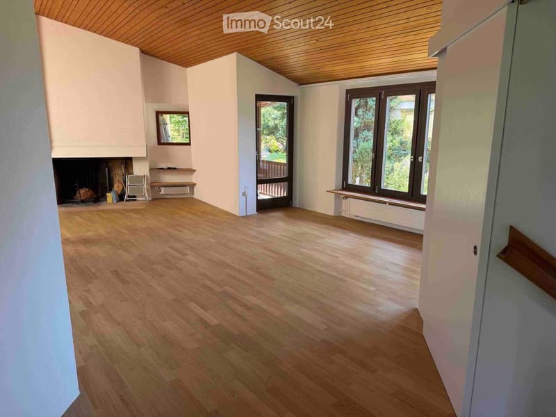 Empty room with wooden flooring, white walls, large windows, and a fireplace area.