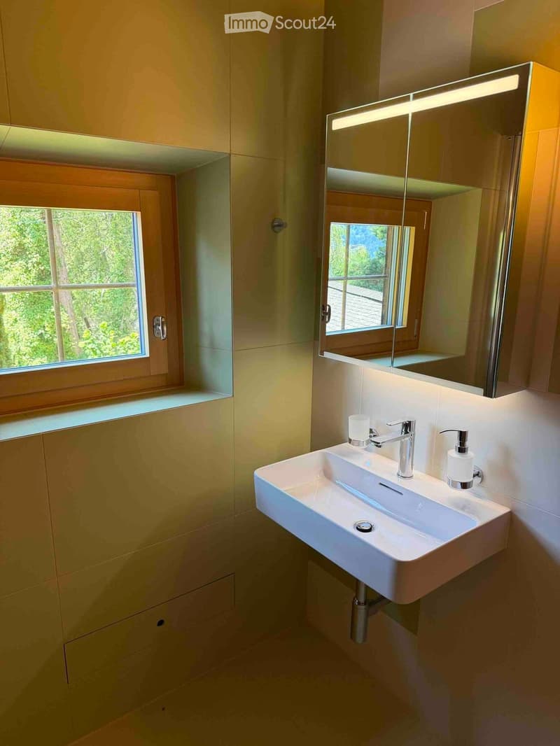 Modern bathroom with a white sink, chrome faucet, large mirror with built-in lighting, and a window offering a view of greenery.