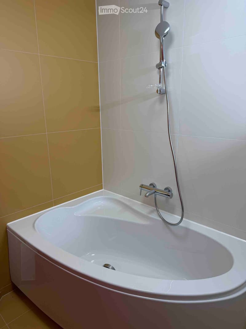 Modern bathroom with a white bathtub, chrome faucet, and handheld showerhead attached to the wall.