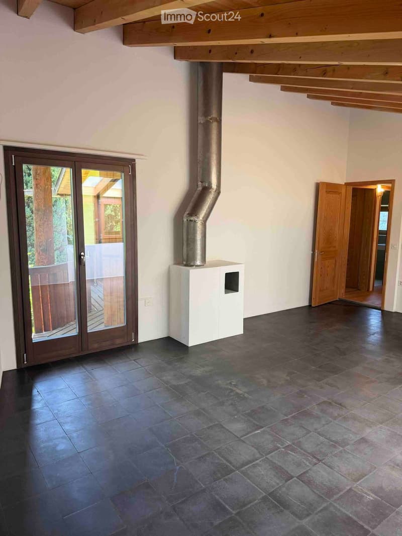 Empty room with dark tiled floor, white walls, exposed wooden beams on the ceiling, a white cabinet, and a large sliding glass door leading outside.