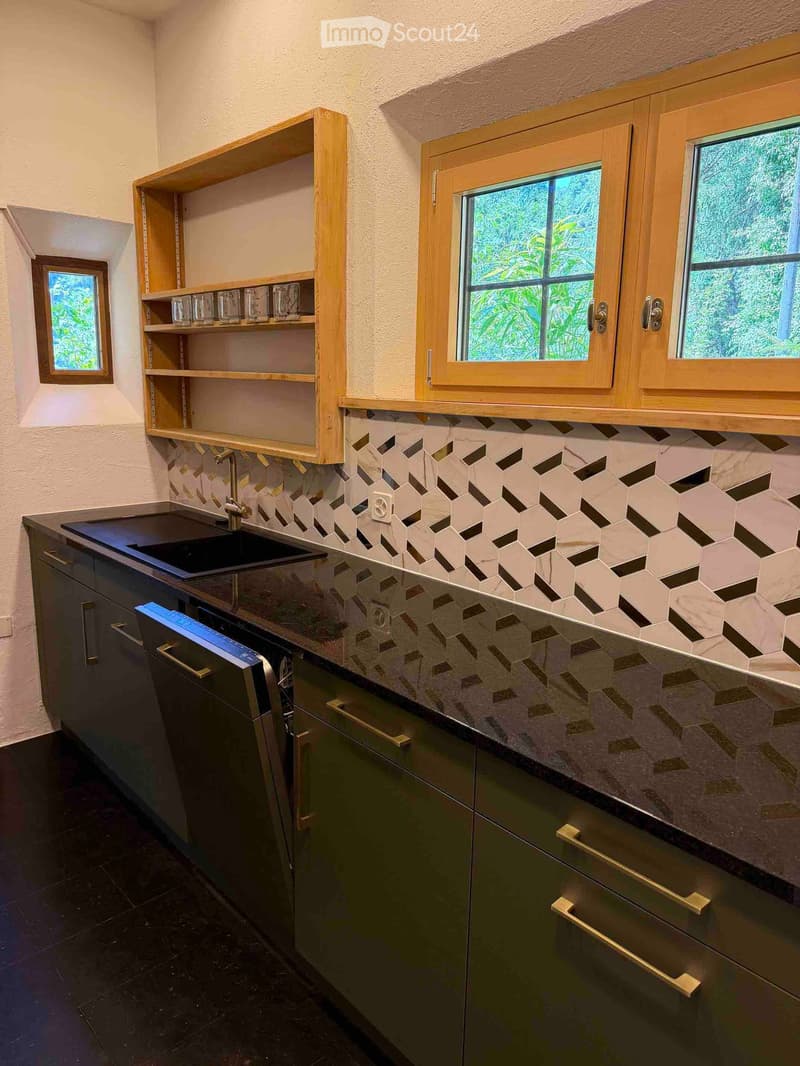Modern kitchen with dark green cabinets, a black countertop, a sink, a dishwasher, and wooden shelves with glassware.