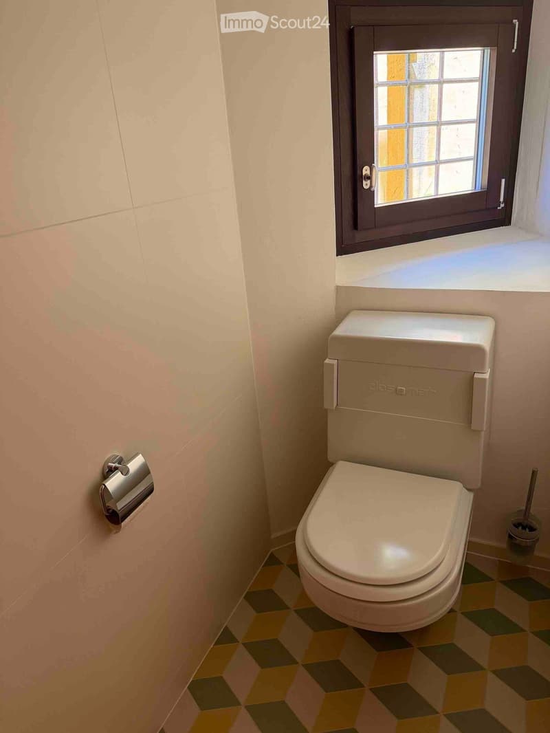Bathroom with a toilet, toilet paper holder, and toilet brush. Light-colored walls and a checkered floor.