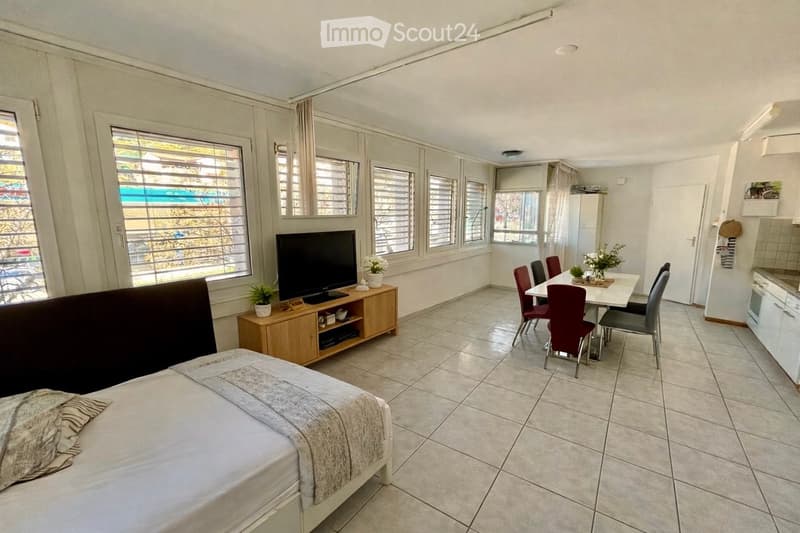 A furnished room with a bed, sofa, television, dining table with chairs, and a small kitchen area.