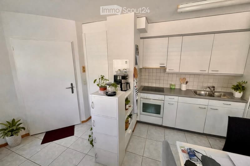 A modern kitchen with white cabinets, a built-in oven, a sink with a faucet, and a small table with a chair. There are potted plants and a coffee maker on the counter.