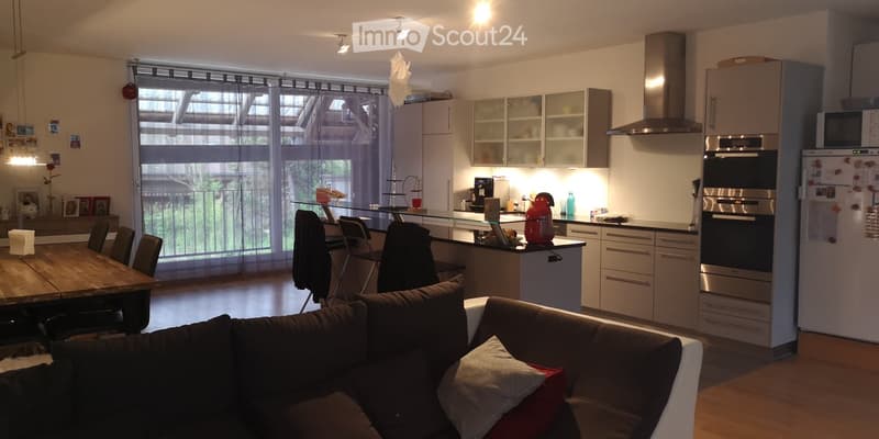 Open-plan living and dining area with a modern kitchen. Features a brown sofa, wooden dining table with chairs, kitchen cabinets, stainless steel appliances, and a large window with blinds.